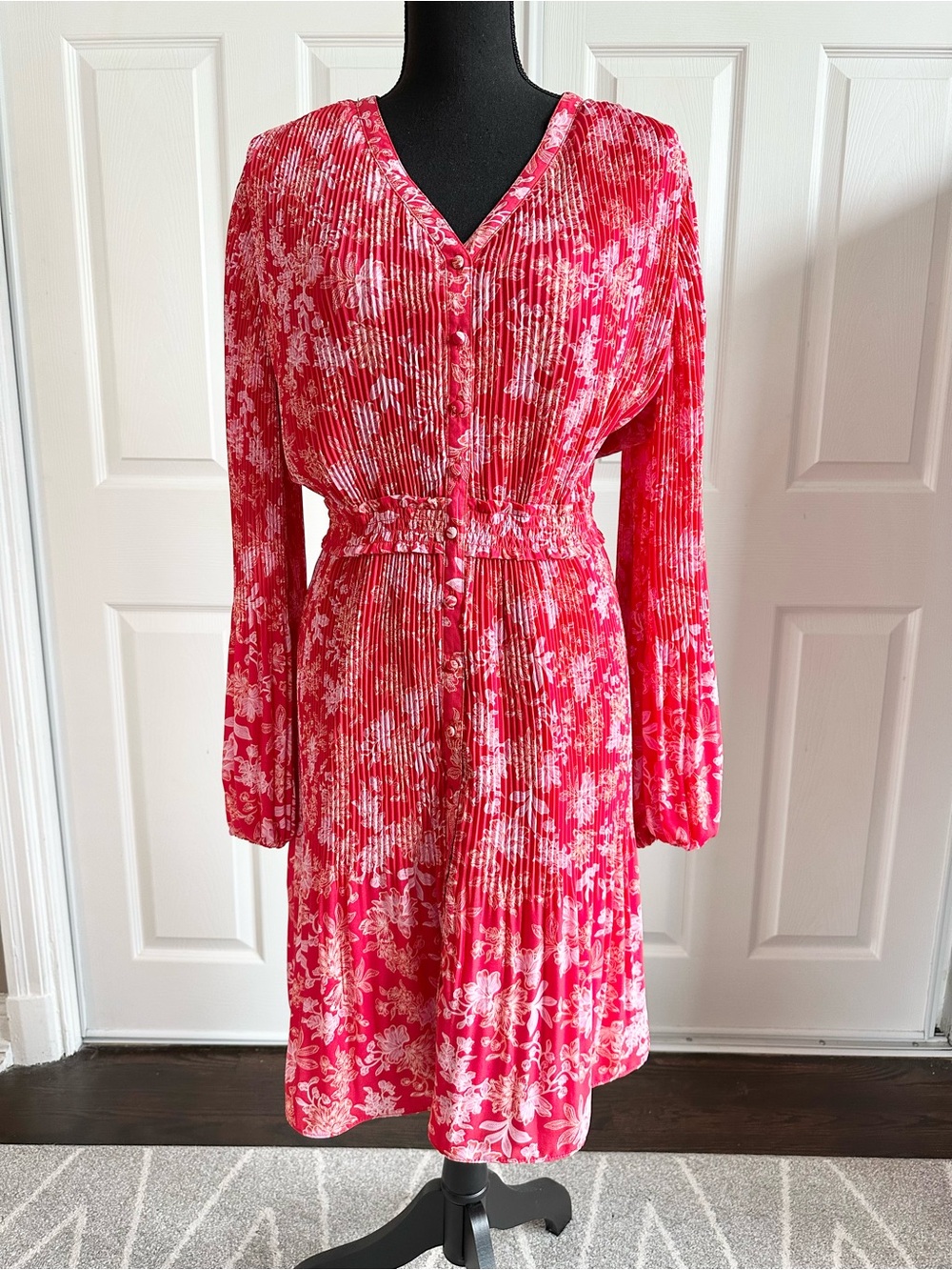 Nanette Lepore Red Floral Long Sleeve Accordion Pleat Dress